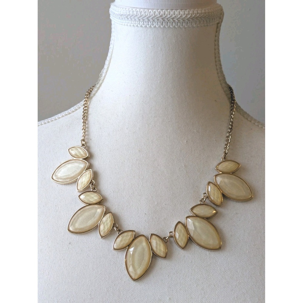 Gold Tone Statement Necklace With Cream Cabachons Event Party Romantic